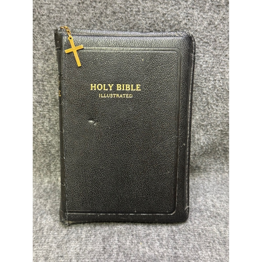 Vintage 1950s World KJV Holy Bible Illustrated Zipper Cross Red Edge Collector